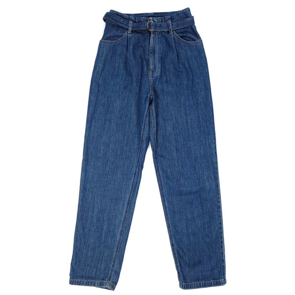 UNIQLO High Rise Relaxed Tapered Ankle Belted Jeans Dark Navy Denim Minimal 23